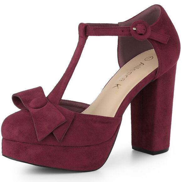 Allegra K Shoes - Mary Janes Platform Pumps Halloween Costumes Burgundy Chunky Heels Dress Shoes
